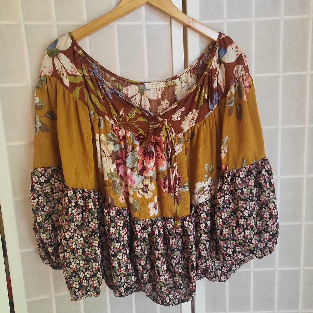 Oddy Boutique Mustard and Floral Boho Blouse Top Sz S/M